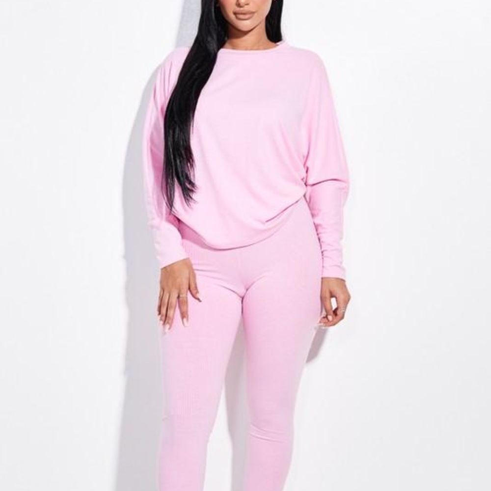 Pink Ribbed Long Sleeve Top + Legging Lounge Set